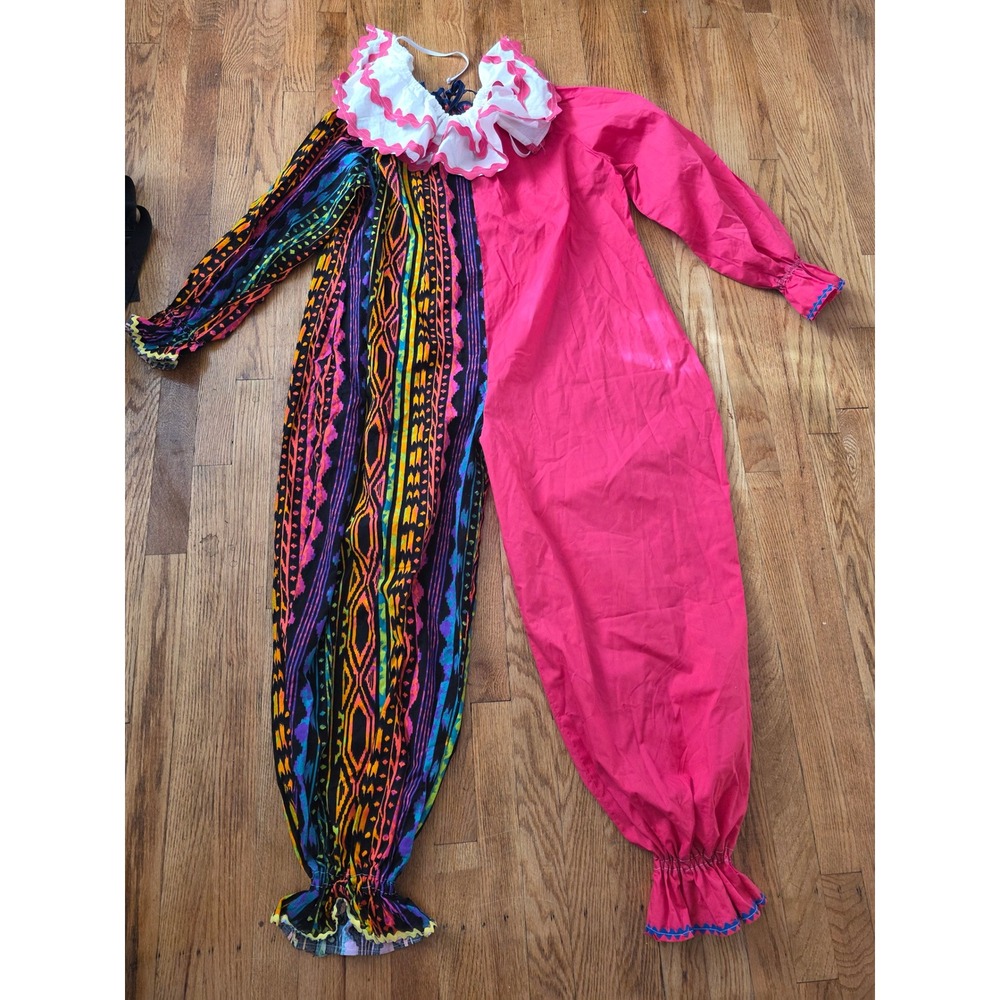 Vintage Clown Costume Jumpsuit Pink Geometric Tribal Print Y2K Festival Boho